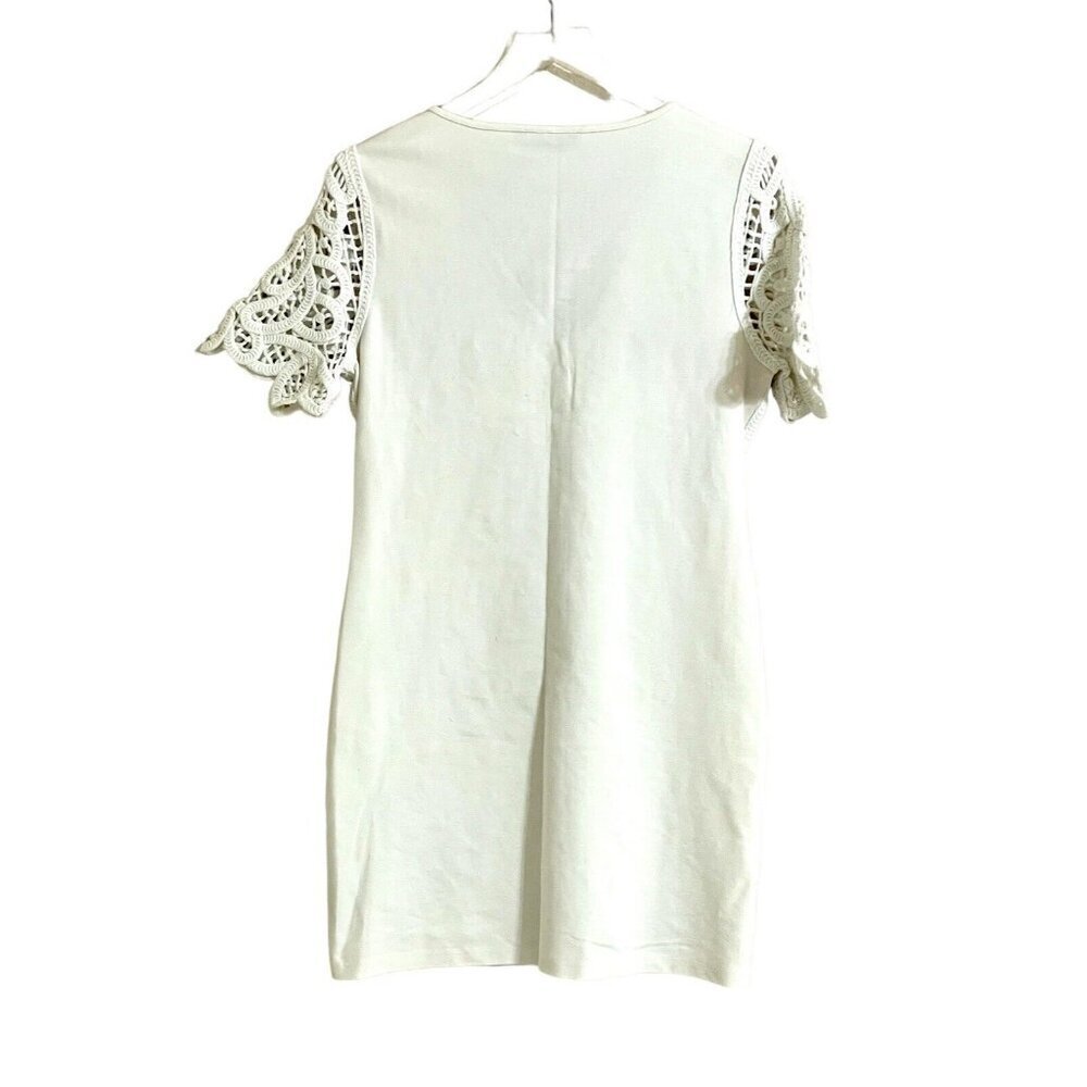 French Connection White Crochet Embroidery Mini Short Dress V Neck Sz 10 L - Picture 9 of 16